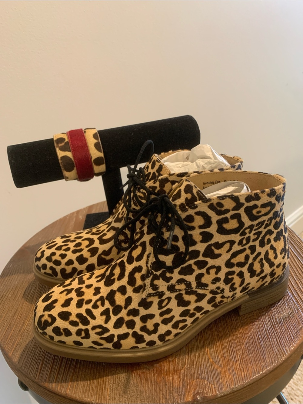 Hush Puppies Leopard Print Ankle Booties with Black Laces with fur bracelet
